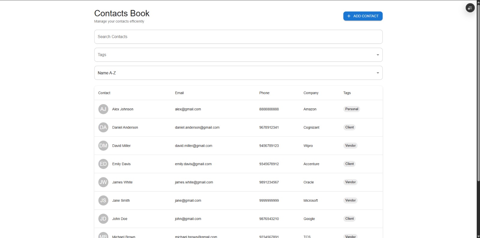 Contact Book Application screenshot